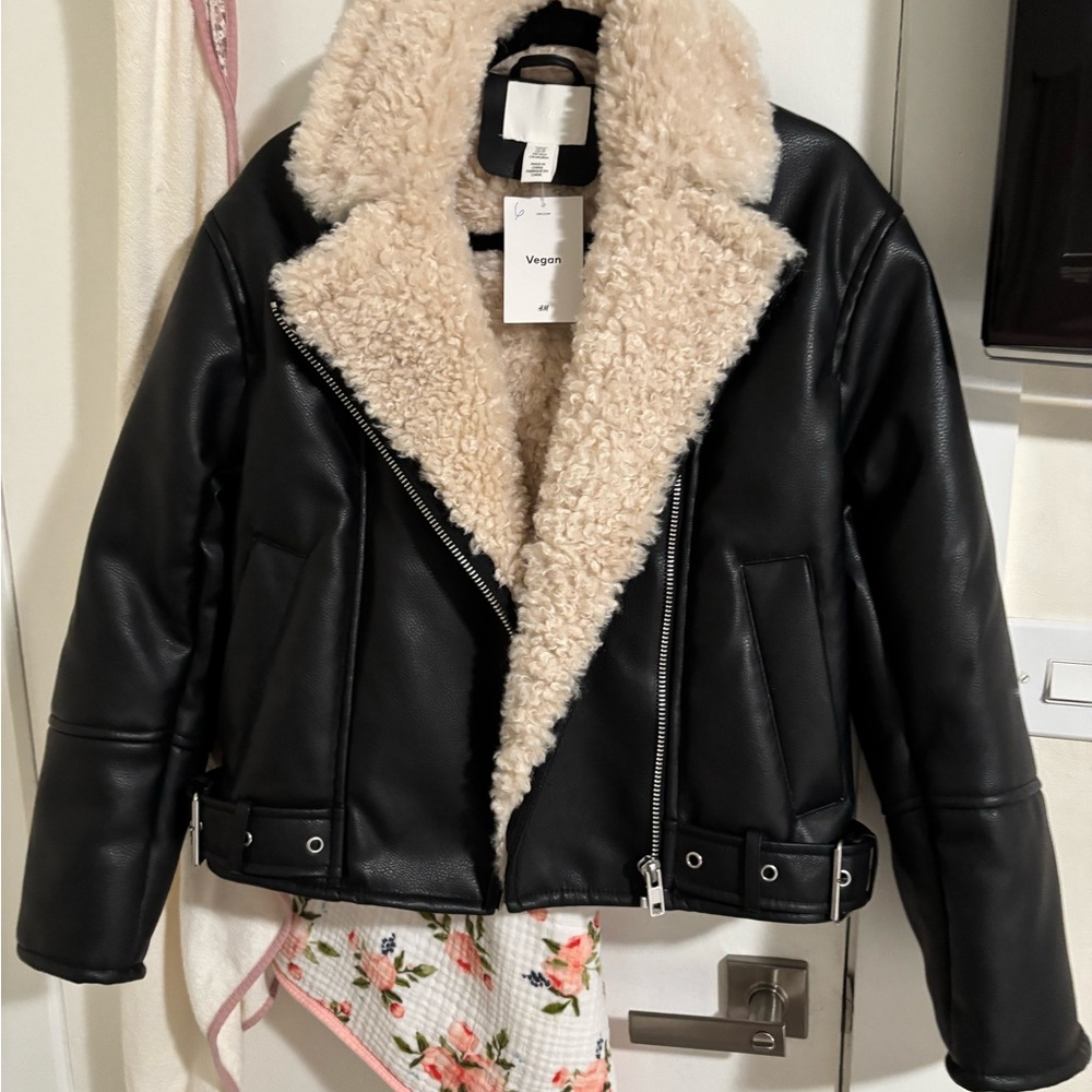 H&M Faux Leather Black Jacket with Teddy Fur